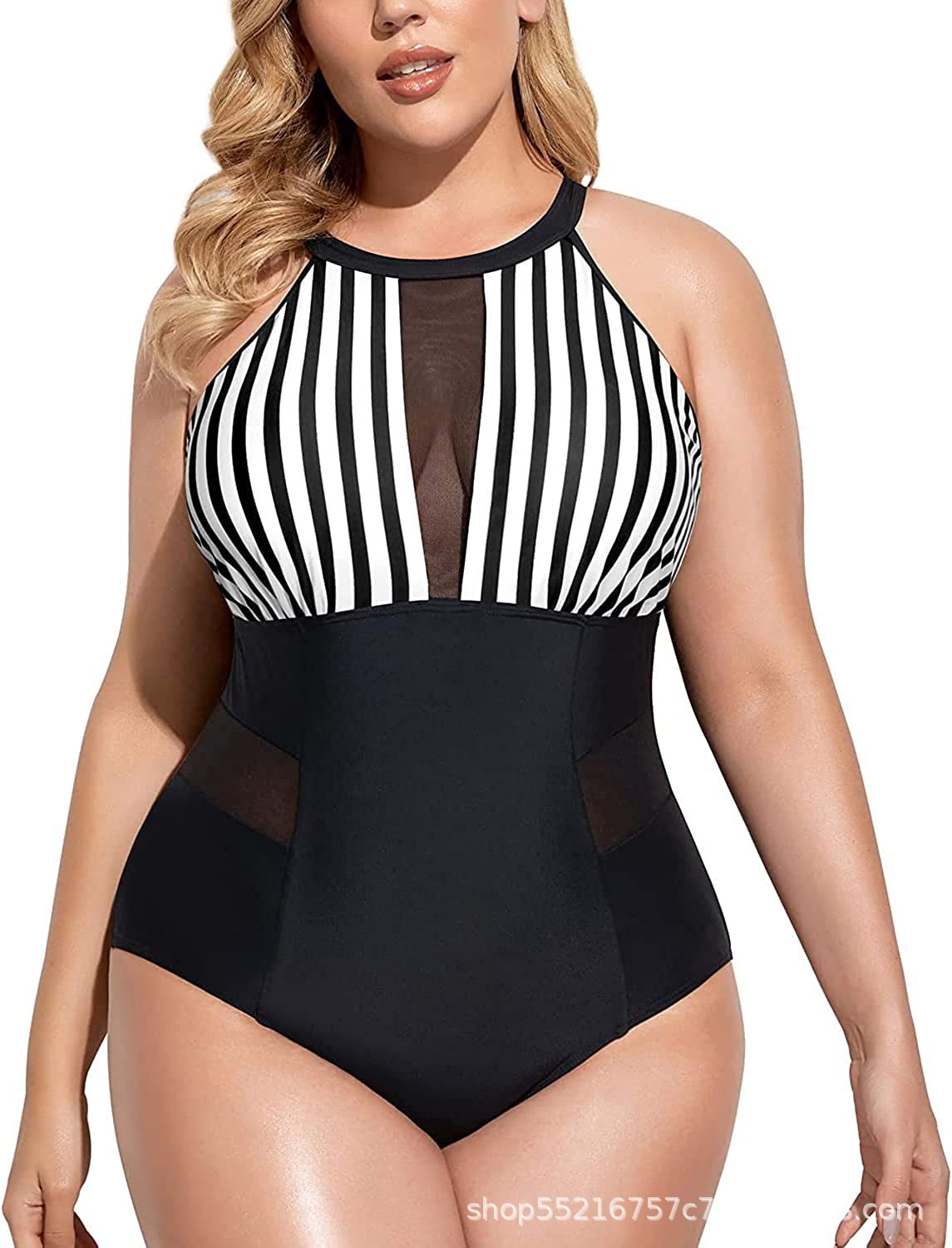 Women Plus Size One Piece Swimsuit High Neck Plunge Mesh Cut Out Bathing Suits